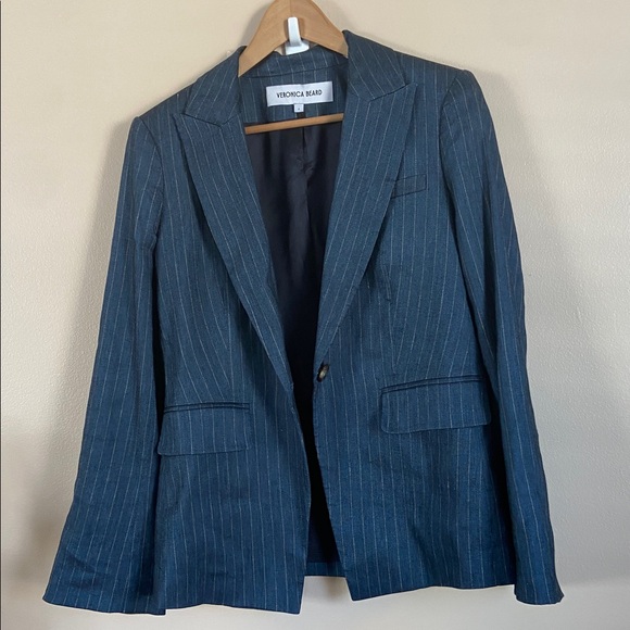 Veronica Beard Obie Pinstripe Linen Blend Dickey Jacket Size 4 in Blue Dove - Picture 12 of 13